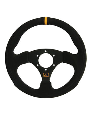 QSP Racing Steering Wheel – 300mm Flat – Black Suede with Cross Stitching
