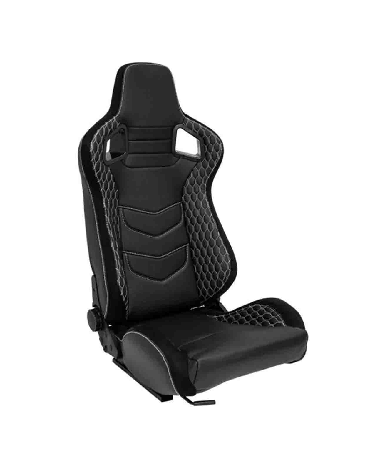 SK-Import Adjustable Seat – JW Style | Black & Silver Synthetic Leather with White Cross Stitching
