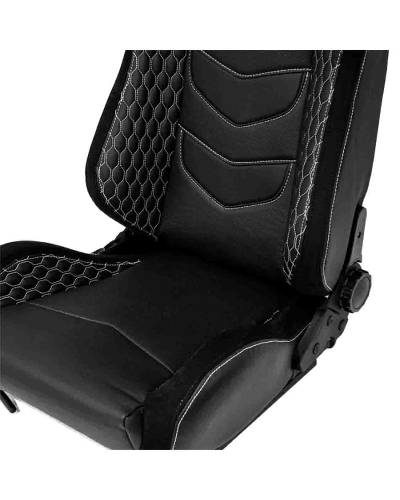 SK-Import Adjustable Seat – JW Style | Black & Silver Synthetic Leather with White Cross Stitching